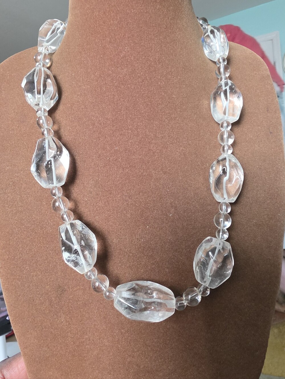 Vintage Silvertone Clear Quartz Crystal Bead Necklace 16"